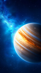 Wall Mural - Brightly colored Jupiter shines against a backdrop of swirling cosmic clouds, radiating hues of orange and blue, illustrating the beauty of our solar system's giant planet