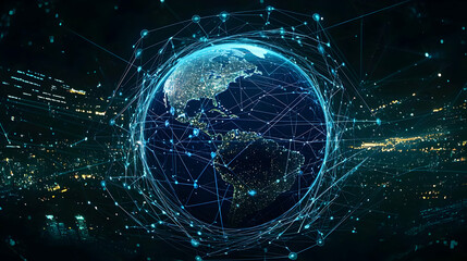 Poster - Rotating Digital Globe With Blue Data Streams and Network Connections on Dark Background