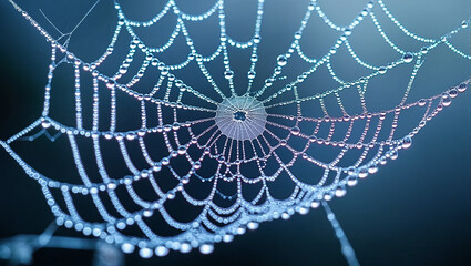 Spider's Web Close-up with Early Morning Dew Drops Glint in Sunlight. Water Drop on Webs Pattern. Nature Background.