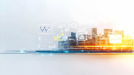 Poster - Futuristic Cityscape With Glowing Lights And Digital Data Network Overlaid On Abstract Blurred Background In Orange And Blue