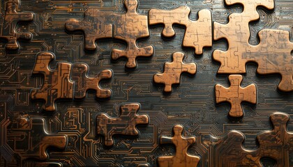 Poster - Futuristic puzzle pieces with digital circuits, illustrating the complexity and integration of DevOps technology and processes