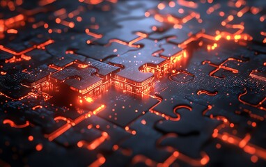 Aufkleber - Interconnected puzzle pieces with glowing digital circuits, visualizing the integration and complexity of DevOps in a cuttingedge style