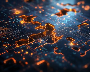Poster - Puzzle pieces with digital circuits, symbolizing the integration and complexity of DevOps, in a hightech and futuristic design