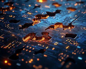 Aufkleber - Puzzle pieces with digital circuits, symbolizing the integration and complexity of DevOps, in a hightech and futuristic design