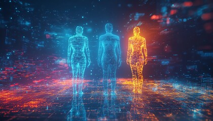Fototapete - Three digital human figures representing data visualization and analytics, surrounded by colorful abstract elements in a futuristic space
