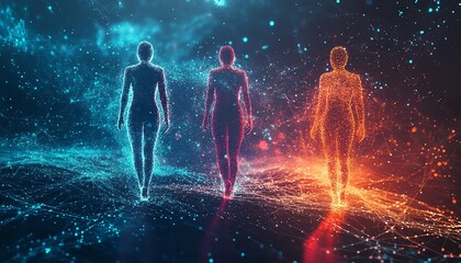 Aufkleber - Three digital human figures representing data visualization and analytics, surrounded by colorful abstract elements in a futuristic space