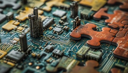 Aufkleber - A 3D puzzle with digital circuit designs, symbolizing the complex and integrated nature of DevOps technology