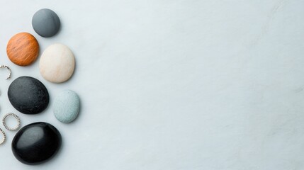 Poster - flat lay of colorful piercing jewelry organized by type on sleek marble background