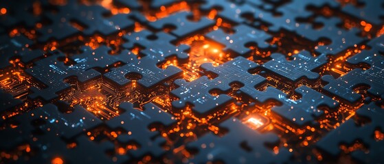 Aufkleber - A collection of puzzle pieces with glowing digital circuits, representing the intricate connections and complexity of DevOps systems