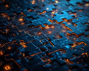 Leinwandbilder - A digital puzzle made of interconnected puzzle pieces with circuit patterns, symbolizing the seamless integration and complexity of DevOps processes