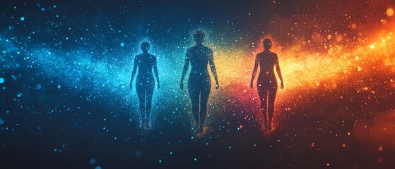 Fototapete - A dynamic, colorful abstract space with three humanlike digital figures, symbolizing the complexities of data visualization and analytics in modern technology