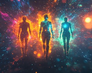 Fototapete - A futuristic scene with three digital human figures, each representing data visualization and analytics, surrounded by a burst of colorful abstract data flows