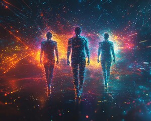 Fototapete - A futuristic scene with three digital human figures, each representing data visualization and analytics, surrounded by a burst of colorful abstract data flows