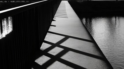 Poster - A black and white image of a bridge spanning a river, with dramatic shadows