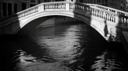 Poster - a black and white image of a bridge spanning a river, with dramatic shadows