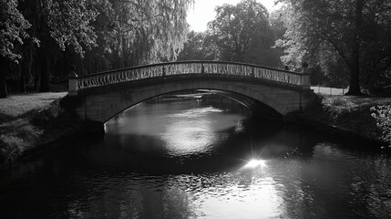 Poster - a black and white image of a bridge spanning a river, with dramatic shadows