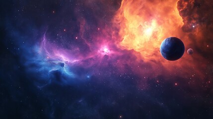 Poster - A celestial scene with a vibrant nebula and distant planets