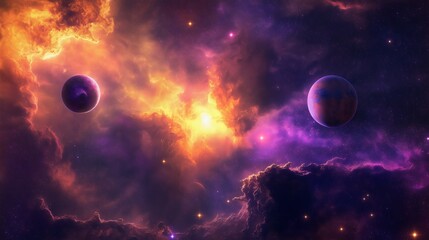 Poster - A celestial scene with a vibrant nebula and distant planets