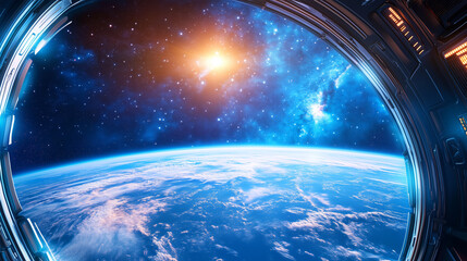 Wall Mural - A breathtaking view captured from inside a spacecraft window, revealing Earth beneath a stunning sky filled with stars and a glowing sun. The colors create a mesmerizing cosmic experience