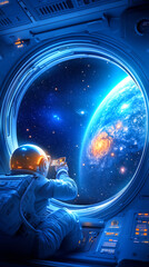 Wall Mural - An astronaut, wearing a space suit and helmet, takes a picture of Earth and a distant galaxy through a circular window of a space station, showcasing the beauty of outer space