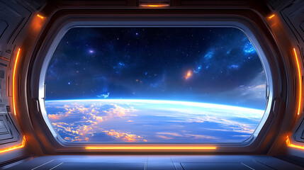 Wall Mural - A breathtaking view reveals a vibrant Earth beneath a vast cosmos filled with stars and nebulae. The scene captures the beauty of space against the backdrop of a twilight sky