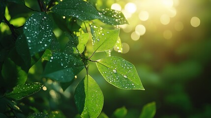 Poster - A close-up of dew-covered leaves in a tranquil forest, with soft sunlight filtering through