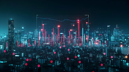 Poster - Panoramic View of Futuristic Smart City at Night with Glowing Digital Data Visualizations and Red and Blue Accents