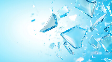 Poster - Sharp pieces of glass are suspended in mid-air, reflecting light in various shades of blue. The background radiates a soft glow, enhancing the dynamic and fragile nature of the glass
