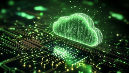 Fototapete - Illustration of secure cloud computing with a cloud symbol floating over a stylized chip