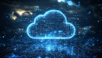 Fototapete - Illustration of secure cloud computing with a cloud symbol floating over a stylized chip