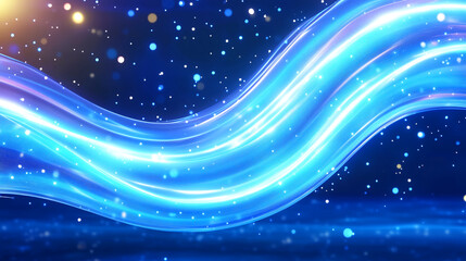 Poster - Bright and colorful waves of light flow gracefully, illuminated against a dark backdrop. Sparkling particles enhance the dynamic movement, creating an enchanting atmosphere