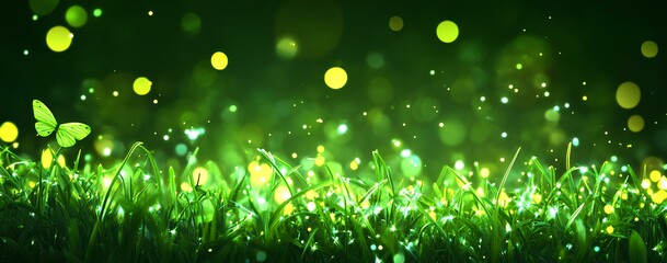 Poster - Green grass background with bokeh light and copy space for a spring or summer nature concept, a springtime banner design, a green grass  meadow, a fresh environment