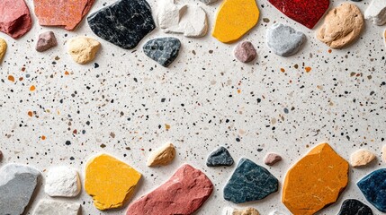 Poster - A captivating display features an assortment of colorful stones scattered artistically on a light sandy backdrop, showcasing nature's textures and hues