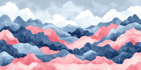 Pastel Pink and Blue Mountain Range Watercolor Landscape