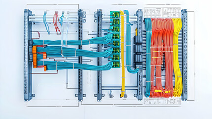 Poster - Complex Electronic Circuitry With Colorful Wiring and Data Connections On White Background