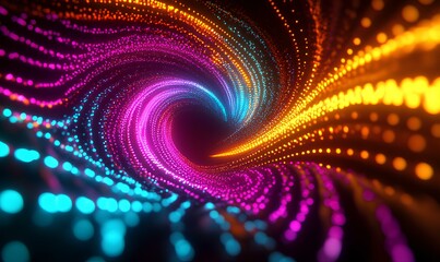 Poster - Luminous neon ribbons in electric cyan, magenta, and gold loop endlessly in a hypnotic vortex, their trails blazing like comet streaks across a starless abyss