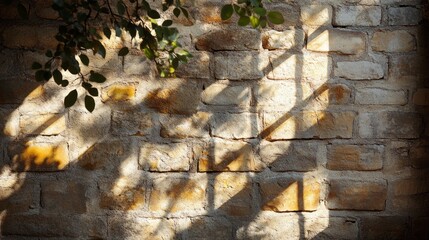 Aufkleber - Golden sunlight filters through leaves, casting intricate shadows on the weathered stone wall. This tranquil setting evokes a sense of calm and connection with nature