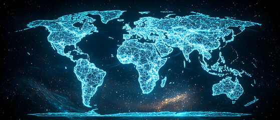 Poster - Glowing Blue World Map With Digital Network On Dark Background And Space With Stars Visualizing Global Communication