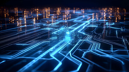 Poster - Futuristic Cityscape At Night With Illuminated Blue Circuit Board Pattern Reflecting Digital Network And Data Flow In Smart City Infrastructure