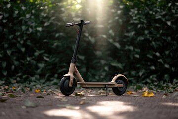 Poster - creative flat lay showing electric scooter surrounded by nature-inspired elements like leaves and sunlight