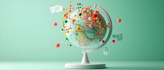 Poster - A Pixelated White Globe With Colorful 3D Pixel Explosions On Turquoise Green Backdrop