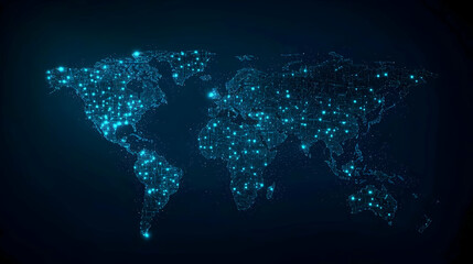 Poster - Glowing Blue World Map On Dark Blue Background Depicting Global Network Technology Connection And Big Data