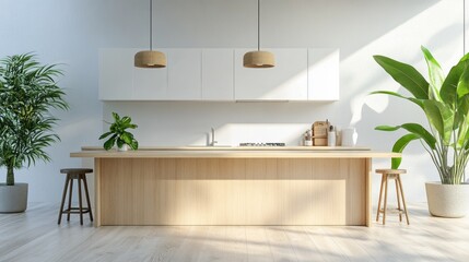 Poster - Morning light streams through a stylish kitchen, highlighting natural wooden accents and vibrant green plants. The space exudes tranquility and invites slow breakfasts and cozy gatherings