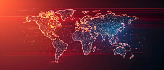 Poster - Abstract World Map With Glowing Lines And Dots On Gradient Red And Blue Background Representing Global Connectivity And Data Flow