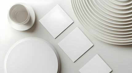 Poster - White Minimalist Table Setting With Round Plate Square Coasters And Teacup On White Background In Soft Light