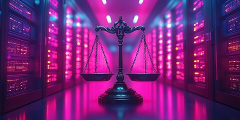 Poster - Law scales on background of data center. Digital law concept of duality of Judiciary, Jurisprudence and Justice and data in the modern world. Copy space. , 8k Resolution
