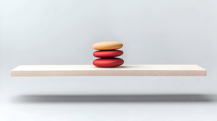 Poster - Three Smooth Round Stones Balancing On A White Textured Platform Against A Soft Light Gray Background With A Subtle Shadow Underneath