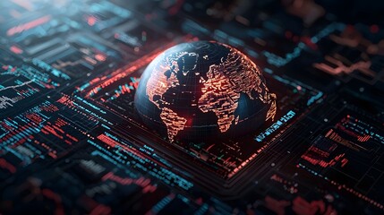 Poster - Striking 3D depicting the impact of a global trade war with a split globe representing the international economic tensions and market graphs visualizing the financial turmoil and volatility