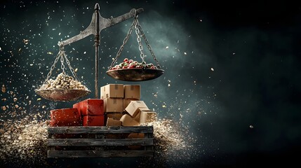 Poster - Conceptual 3D depicting giant scales balancing the tension and dynamics of a trade war with import and export goods being weighed on the opposing sides