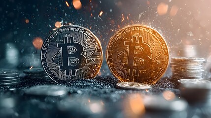 Poster - Glowing Bitcoin cryptocurrency clashing with traditional money in a digital finance battle